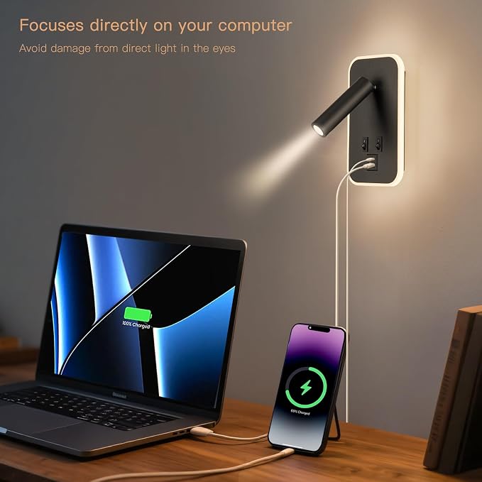Bed Reading Light, Wall Mounted Reading Fixture with USB C+A Ports, Adjustable Headboard Sconces, Plug-in or Hardwired Bedside Lamp, Modern Black 10W+3W 3000K Warm Ambient lighting for Bedroom