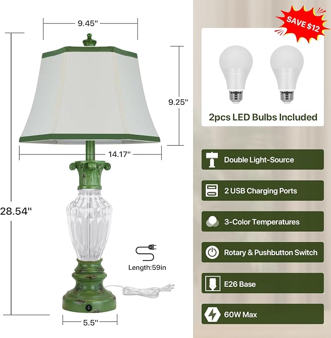 28.5" Vintage Green Table Lamps Set of 2 with Glass Nightlight | Farmhouse Lamps for Living Room Bedroom, 3-Color Temperature Bedside Lamp, Vintage Resin Lamp with Nightlight, Bulbs Included