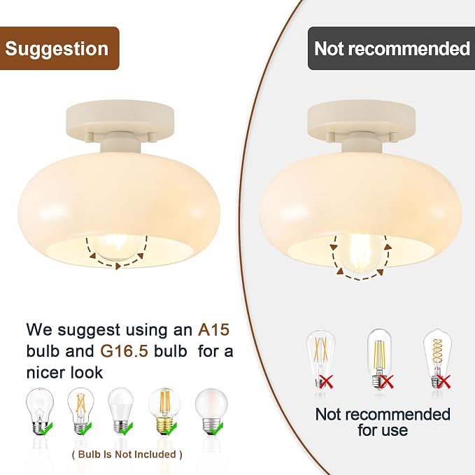 WOKNOS Mid-Century Modern Cream White Semi Flush Ceiling Light 8.66 Inch | Mini White Glass Shade Close to Ceiling Lighting Fixture For Kitchen Entryway Hallway Bathroom Closet Bedroom Laundry Room