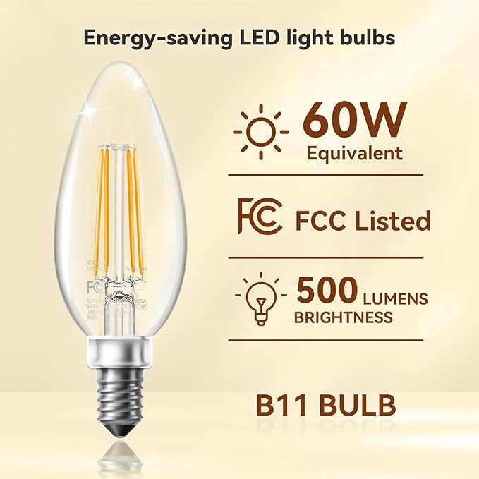 TJOY LED Candelabra Bulbs Dimmable, 60W Equivalent Chandelier Light Bulb, E12 Small Base, 4.5W 2700K Soft Warm White, B11 Vintage Filament Clear Glass Candle Light for Ceiling Fan, Chandeliers, 6Pack