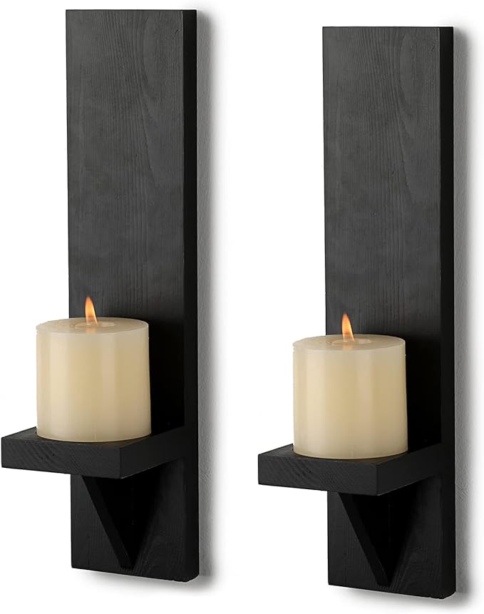 OwnMy Set of 2 Wooden Wall Candle Sconces Rustic Wall Mount Wooden Pillar Candle Sconces, Black Farmhouse Wall Candle Sconce Vintage Hanging Candle Holders Decor for Living Room