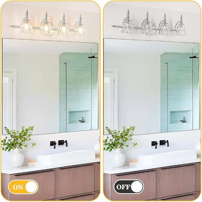 4 Light Brushed Nickel Bathroom Light Fixture, Antique Vanity Light with Flower Glass Shade, Bathroom Vanity Light Over Mirror, Farmhouse Sconces Wall Lighting for Hallway Livingroom Bedroom