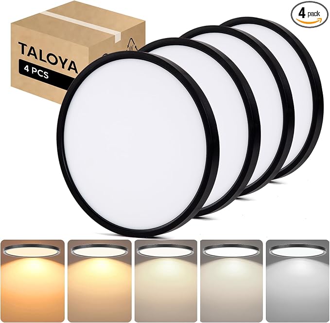 TALOYA 4-Pack 15.8" LED Flush Mount Ceiling Light Fixture,24W 5CCT,Black | 100–240 VAC Input,Edge-Lit LED Modern Ceiling Lamp for Living Room,Bedroom,Hallway,Kitchens