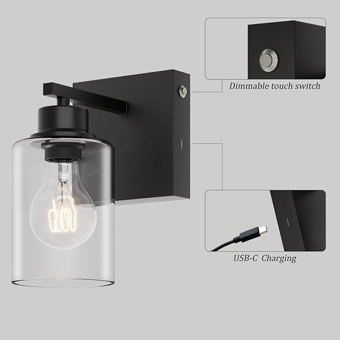 Rayogale Battery Operated Wall Sconces Set of 2 with Remote Control, Black | Dimmable Wireless Rechargeable Wall Lights with Timer, Easy Install Clear Glass Lamp for Living Room Bedroom, Emergency 3000K