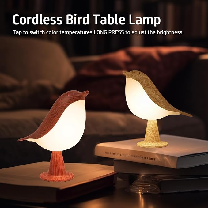 Deogos 2 Cute Bird Lamps Combo,Small Bedside Lamps with 3 Color Temperature and Adjustable Brightness,Rechargeable Cordless Lamp for Bedroom Nightstand Bedside Table (Wood Tone + Red) | 2 Packs Bird Night Light, Rechargeable Table Lamp with 3 Color Mod...