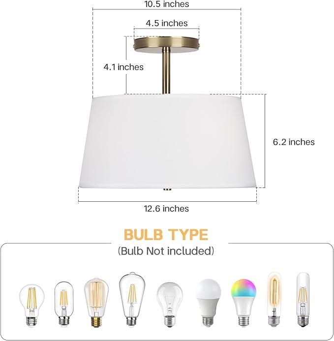 CALOKES Modern Cone-Shaped Semi Flush Mount Ceiling Light Fixture, 3-Light Drum Lamp with Gold Brass Finish and White Fabric Shade for Bedroom, Kitchen, Dining Room, Hallway, Entryway, and Foyer