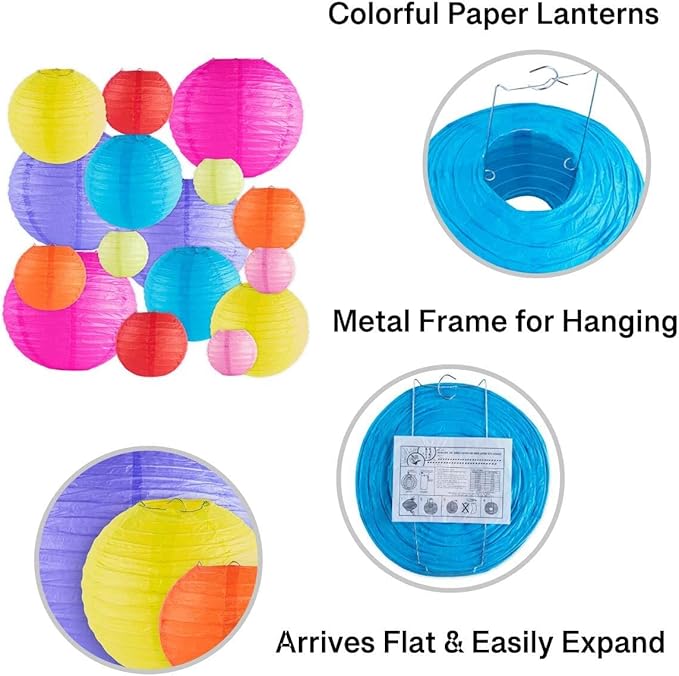 Super Z Outlet 16 Pack Assorted Colorful Decorative Chinese/Japanese Floating Sky Paper Lanterns Metal Frame for Events, Party Decoration (Multiple Sizes)