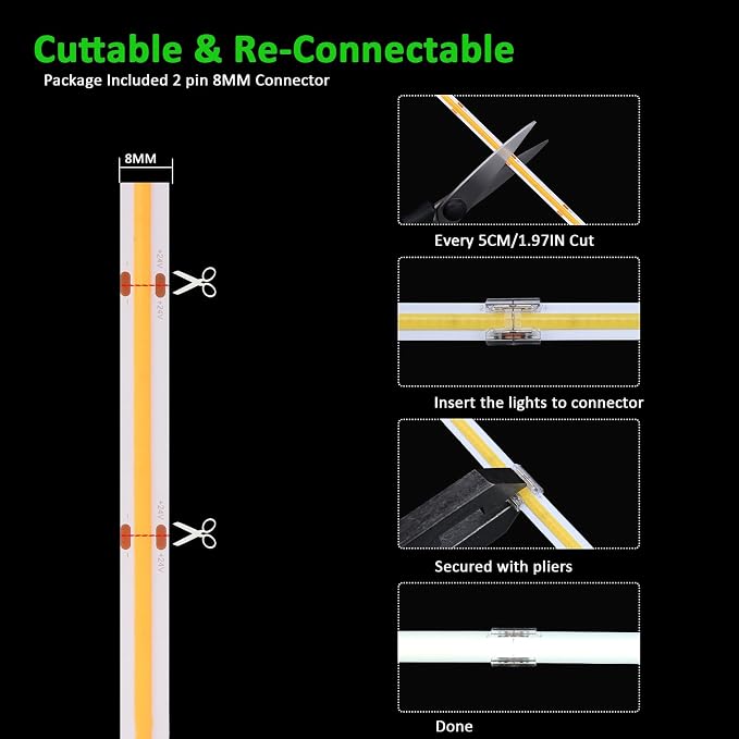 JOYLIT 50FT COB LED Strip Lights 24V 3000K Dotless 480LEDs/M Indoor IP20 | Consistent Brightness, CRI90+, Warm White, Dimmable, Cuttable, 3M Adhesive, For Bedroom, Cabinet (Power Supply Not Included)