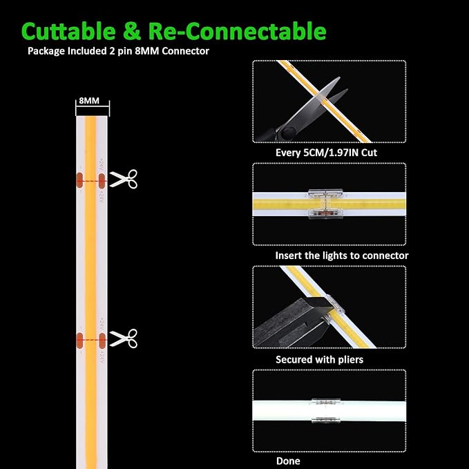 JOYLIT 50FT COB LED Strip Lights 24V 6000K Dotless 480LEDs/M Indoor IP20 | Consistent Brightness, CRI90+, Cool White, Dimmable, Cuttable, 3M Adhesive, For Bedroom, Cabinet (Power Supply Not Included)