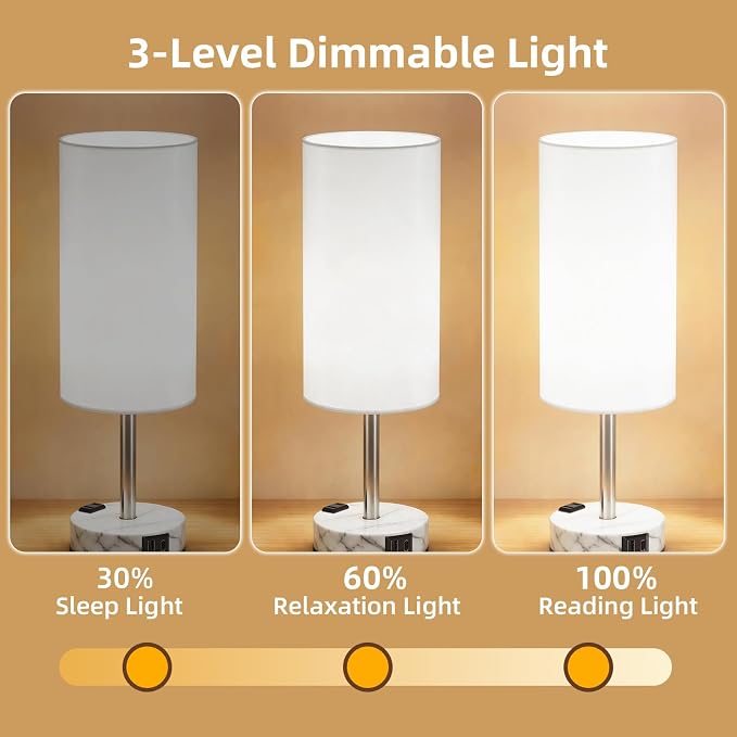 Table Lamp for Nightstand, High-Sensitivity Touch, 3-Level Dimmable Bedside Lamp with AC Outlet | USB | and USB-C, Ideal Night Stand Lamp for Bedroom (1, White&Marble)