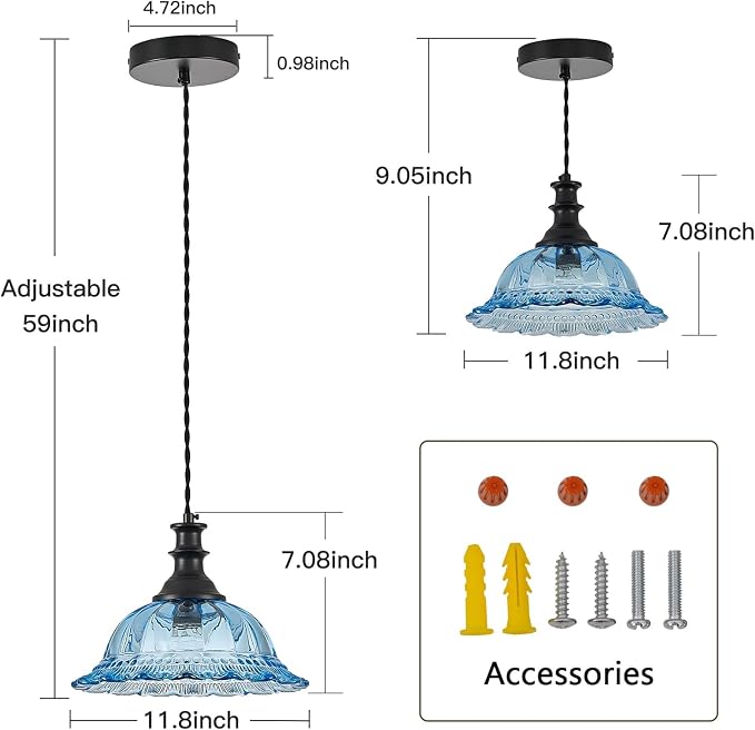 HDDFL Blue Glass Pendant Lights Modern Pendant Lighting Fixtures 11.8 in Hanging Lamp for Kitchen Island Bedroom Dining Room Coffee Shop Hallway Hotel Living Room