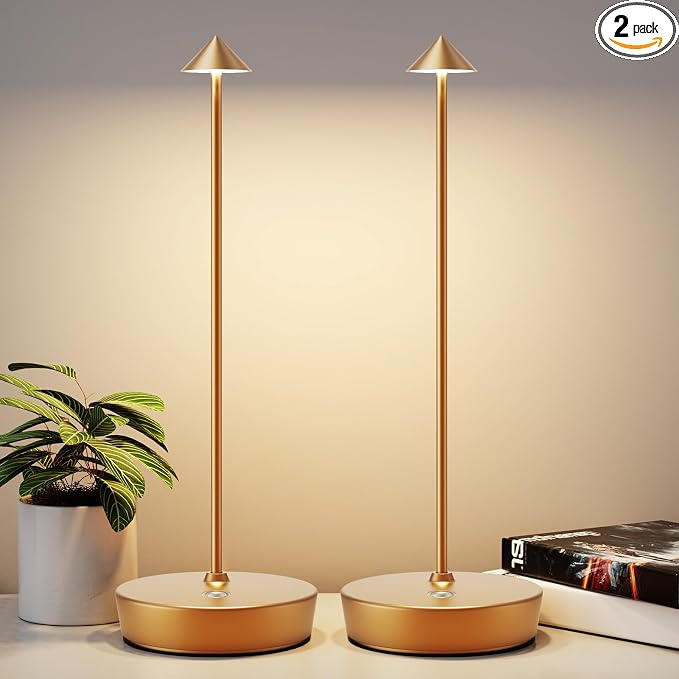 2Pack Rechargeable Cordless Table Lamp, Portable Powered LED Battery 6000mAh Metal USB Desk Lamp, 3 Levels Brightness Light for Restaurants Outdoor (2pack Gold)