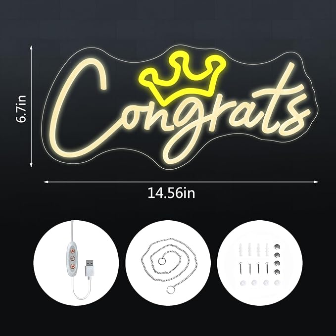 Congrats Grad Neon Sign with Crown, Graduation Decorations 2026 | Congrats Led Light Signs for Wall Decor, Bedroom Bar Club Colleges Wedding Birthday Party Decor Gifts
