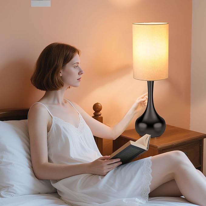 Mid Century Modern Droplet Table Lamp with Cyliner Shade,Touch Control & 3-Way Dimmable, No Assembly Required, Black Vintage Farmhouse Bedside Lamp for Bedroom,Nightstand,Living Room,Office