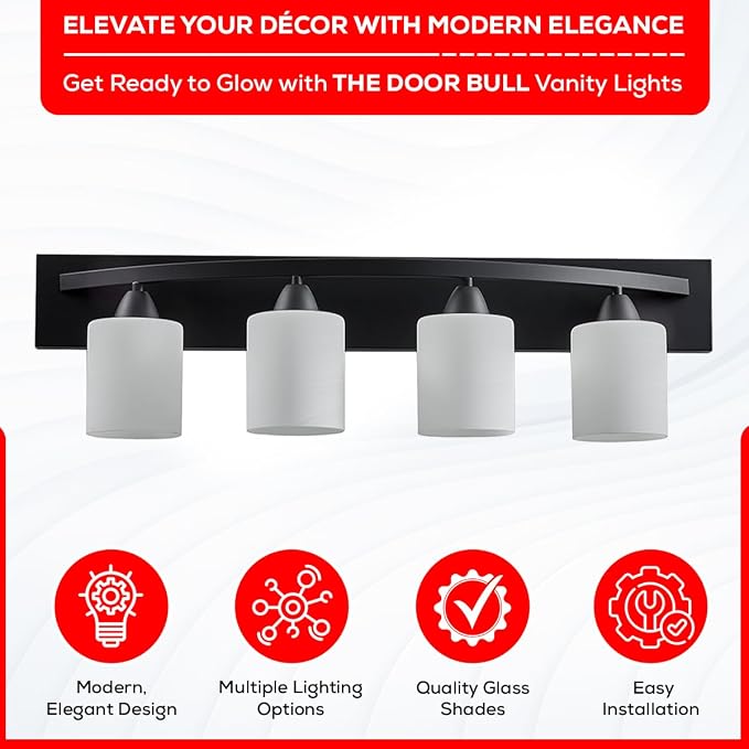 4-Light Bathroom Vanity Bar Light Fixture - Matte Black | Modern Frosted glass shades with E26 socket. Matte Wall sconce lighting perfect over mirror, kitchen, hallway, or entryway