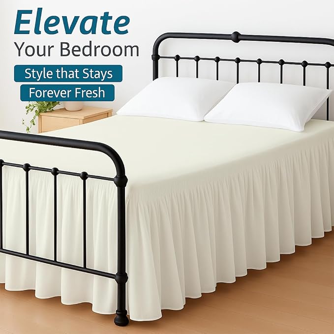 Shreem Linen Ruffled Bed Skirt with Split Corners, Gathered Style, 100% Microfiber, 15-Inch Drop, Dust Ruffle Bedskirt with Platform, King, Ivory