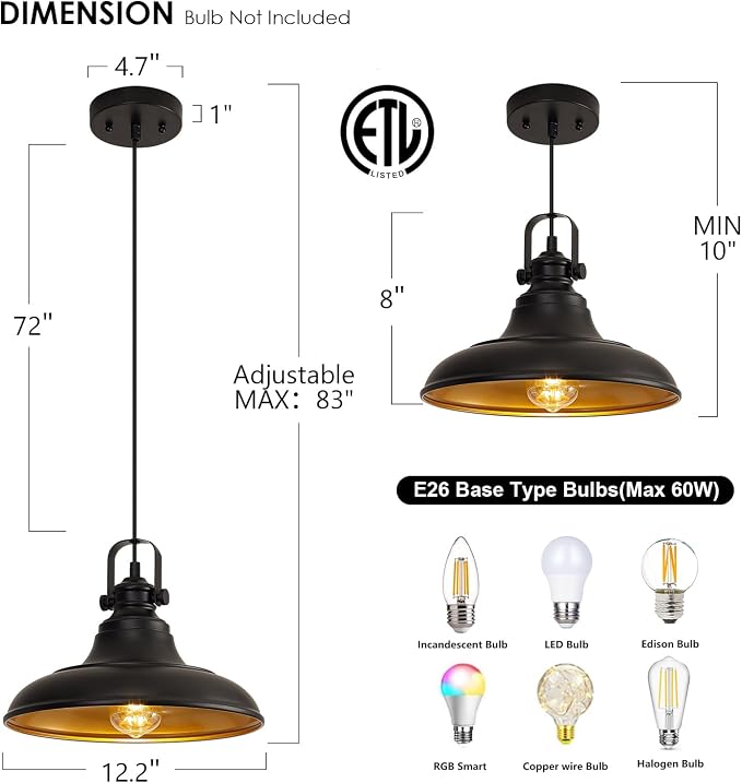 Matte Black Farmhouse Pendant Lights Kitchen Island,2 Pack Rustic Black Hanging Lighting Fixture,Pendant Lighting for Kitchens Dinning Room Bedroom Hallway,2 Packs