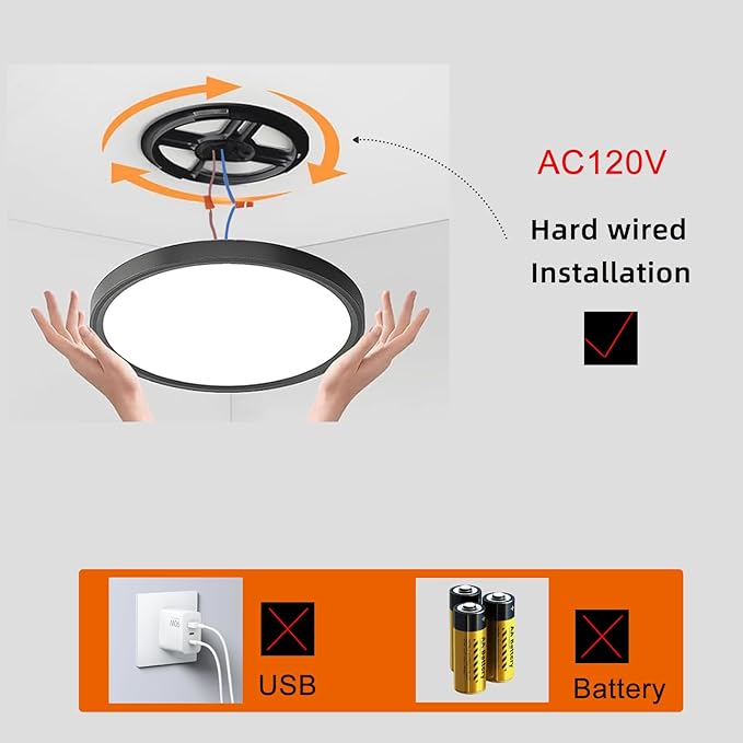 12in Motion Sensor Ceiling Light Indoor, 24W 2400LM, Black | Hardwired Flush Mount, Remote Dimmable, 3000K/4000K/6000K, Closet Hallway Porch Laundry Stairway Basement