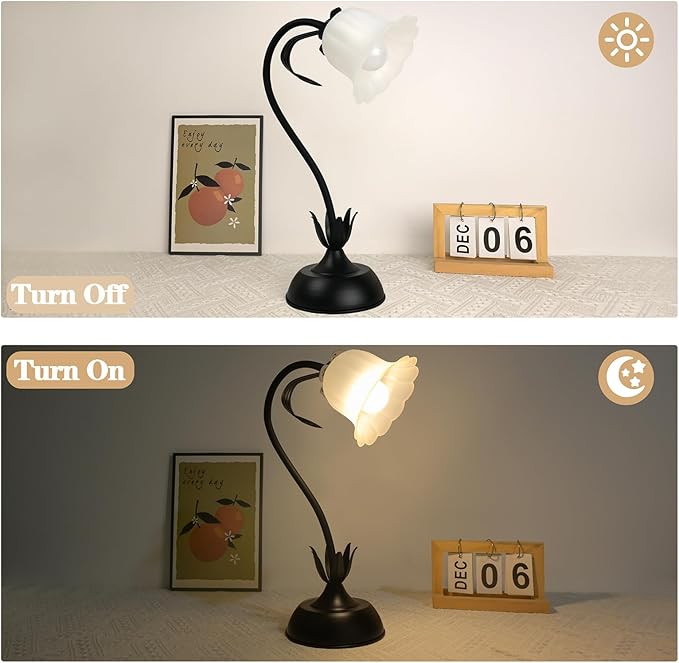 Vintage Flower Table Lamp, 3 Color Temperature Flexible Gooseneck Cute Small Desk Lamp for Bedroom, Kawaii Nightstand Bedside Lamps for Living Room, Dorm, Office, Home Decor (Black)
