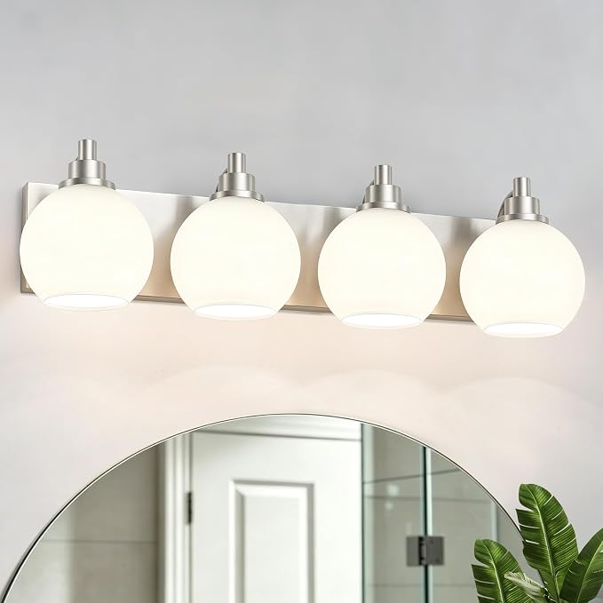IZORRO Bathroom Light Fixtures, 4-Light Brushed Nickel Vanity Light, Modern Wall Sconces with Globe Milk White Glass Shade, Vanity Lighting Fixtures Over Mirror,E26 Bulb Socket