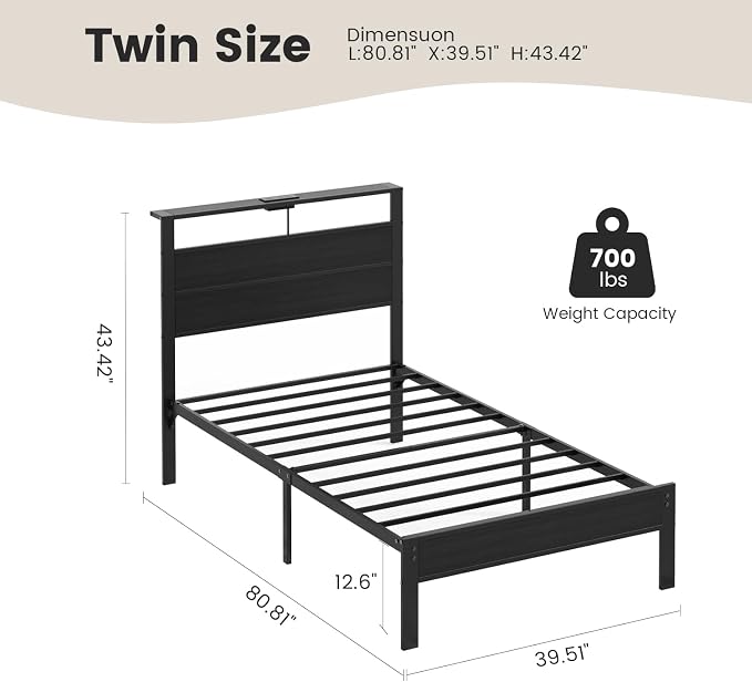 Twin Size Bed Frame with LED Lights and USB Charging Station | Black Metal Platform Bed with Storage Headboard, Noise Free, No Box Spring Needed, Easy Assembly