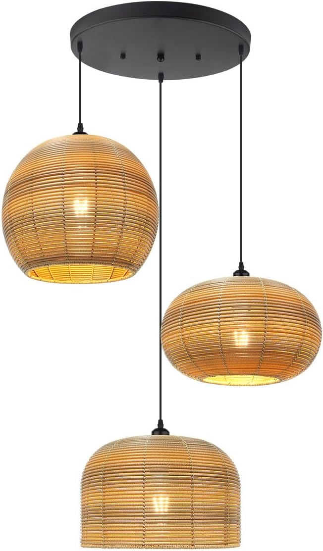 3-Light Large Wicker Chandelier Woven Ceiling Hanging Light | Cluster Rattan Pendant Light Vintage Boho Adjustable Pendant Lamp ,59" Adjustable for Dining Room Kitchen Stairwell Cabinets