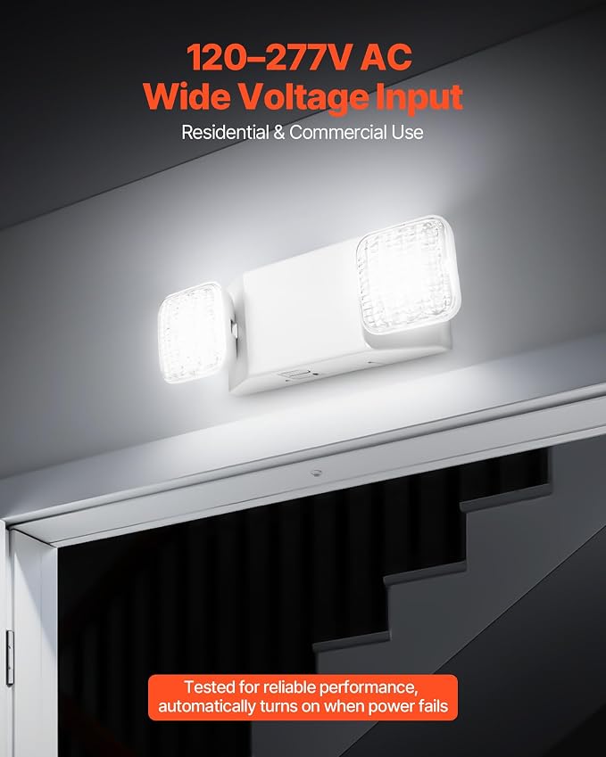 VEVOR 4 Pack Emergency Lights for Business, with Battery Backup, Commercial LED Emergency Exit Lighting Fixtures, AC 120/277V, with Two Square Head Adjustable, 90-Minute Backup, for Business, White