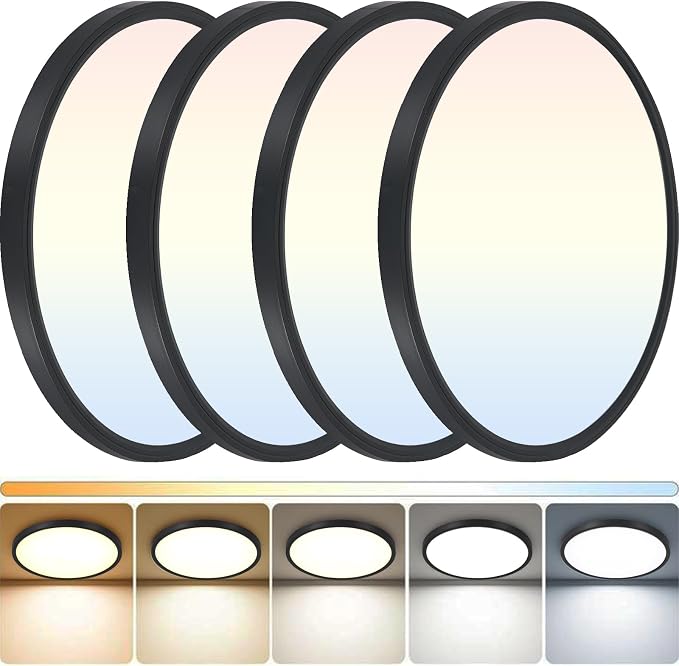 4Pack LED Flush Mount Ceiling Light: 12 inch Super Slim Dimmable & 5CCT (2700-6000K) Kitchen Lighting Fixtures Ceiling - 24W Black Low Profile Ceiling Lamp for Bedroom Garage Hallway