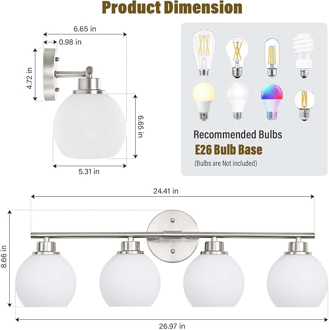 Brushed Nickel Bathroom Light Fixtures, 4-Light Vanity Light Over Mirror | Modern Bathroom Lighting Over Mirror, Wall Sconces, Milky White Globe Glass Shades, E26 Socket,ETL Listed