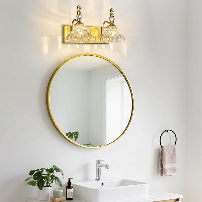 Vintage Bathroom Vanity Light, 2-Light Gold Vanity Lighting Fixture with Flower Glass Shade, Bathroom Lighting Fixtures Over Mirror