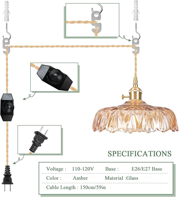 Plug in Pendant Light Fixtures,Amber Glass Lampshade Pendant Lighting 9.4in E26 Hanging Light FixtureCorded On/Off Switch for Kitchen Island, Bedroom, Dining Room