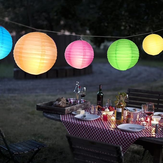 DazzLiteer 12pcs Colorful Paper Lanterns with LED Light, Decorations Round Hanging Paper Lantern Lamps for Birthday, Wedding, Party, Home Decorations (Size of 8”, 10”, 12”)