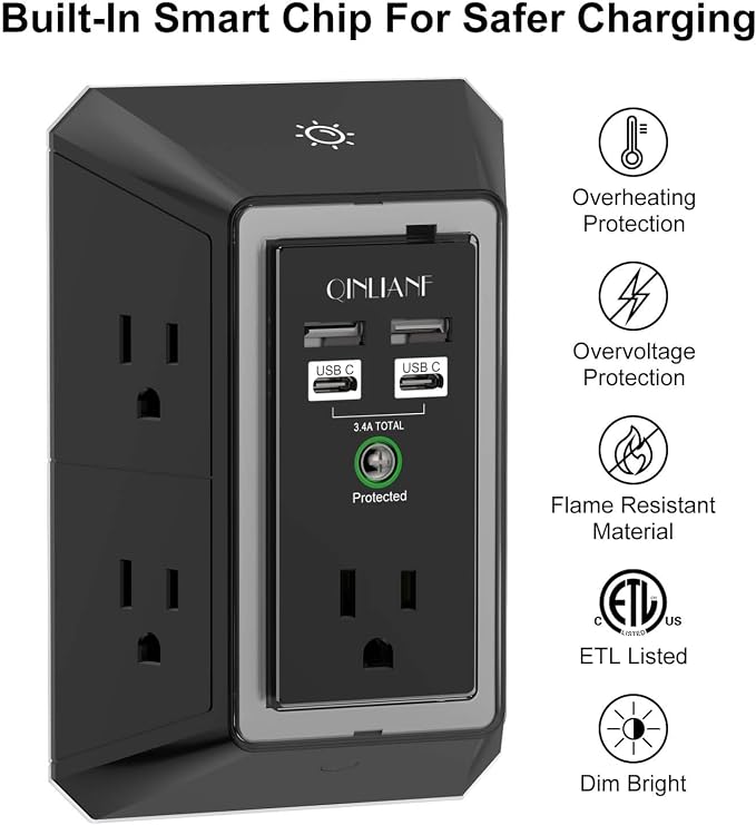 3-Sided Surge Protector Power Strip - QINLIANF Multi Plug Outlet with 5 Outlet Extender and 4 USB Ports(2 USB-C) and Night Light, USB Wall Charger for Home, Office, Travel, ETL Listed, Black