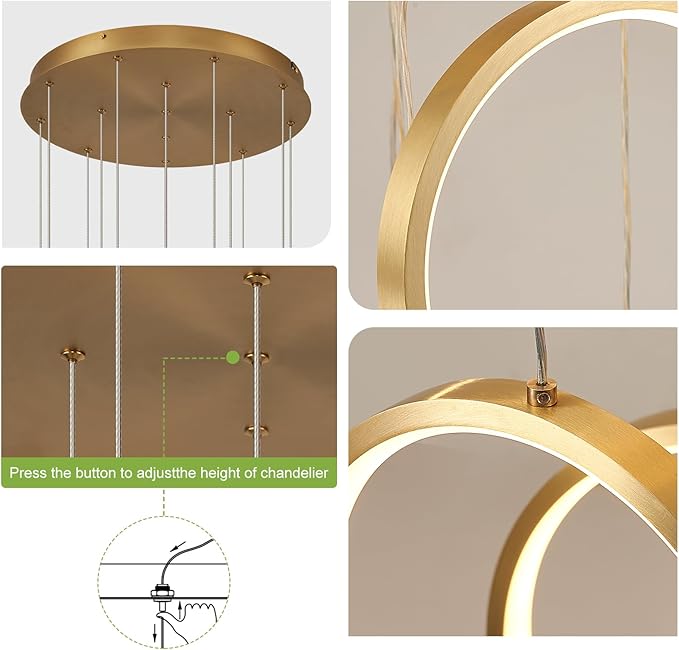 14 Ring High Ceiling Chandelier Foyer, Gold Modern LED Large Staircase Long Chandeliers Light Fixture with Remote for Staircase Entryway Living Room Dining Room(118in, 3000K-6500K)