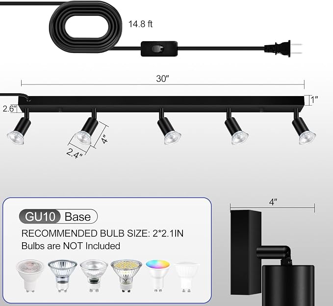 Plug in Track Light,30"Track Ceiling Lighting Fixtures,Black 5 Way GU10 Wall Spotlight, Rotatable Track Head,LED Wall Light for Kitchen Cabinet Gallery Bar Hallway Living Room,Rocker Switch,15 FT Cord