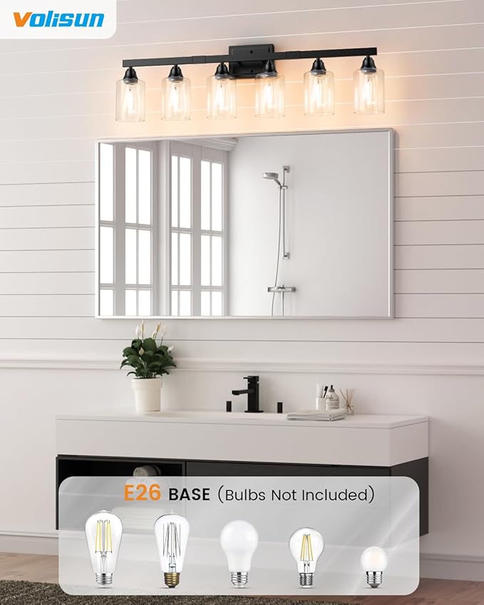 VOLISUN Matte Black Bathroom Light Fixtures, 6-Light Bathroom Vanity Light Over Mirror, Modern Vanity Lights for Bathrooms, Bathrooms Lights Fixtures Over Mirror with Clear Glass Shades