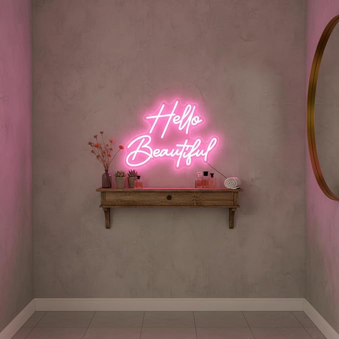 Hello Beautiful Neon Sign Pink Neon Sign Wall Decor Bedroom Beauty Room | Dimmable LED Pink Neon Light for Vanity Room Beauty Salon Makeup Lash Room Bachelorette Boutique Wedding Decor Gift for Girls