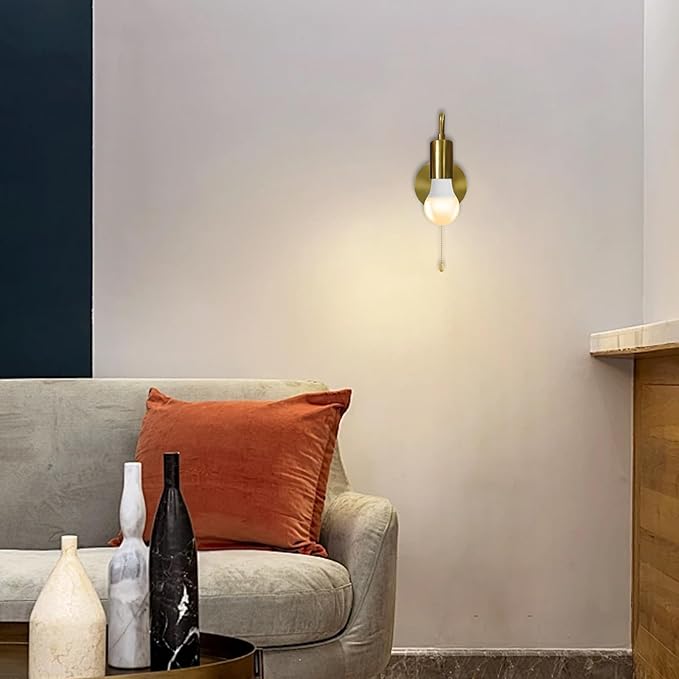 Pull Chain Wall Sconce Gold Small Vintage Wall Light Fixture with Switch Hardwired Retro Metal Sconces Lights E26 for Bedroom Hallway, No Bulb