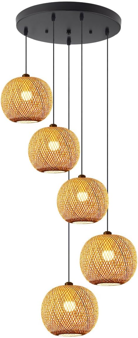 5-Light Staircase Bamboo Light Fixture Basket Weave Pendant Light Shade Boho Large Rattan Chandelier Coastal Wicker Pendant Hanging Lights for Foyer Living Room Farmhouse