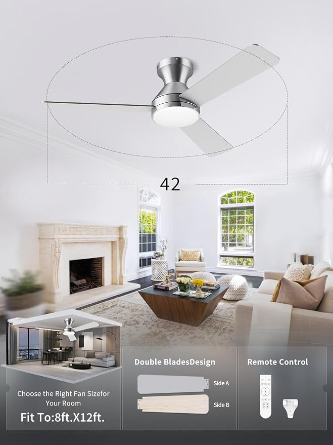 LANMEL Metal Ceiling Fan with Lights and Remote, 42 Inch, Silver | Modern Low Profile Flush Mount, Reversible, 3CCT Dimmable, Quiet, LED, For Bedroom, Living Room, Indoor/Outdoor Patio Use