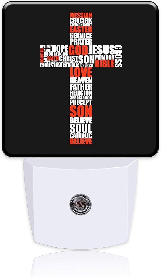Cross of Religious Words Night Light with Dusk to Dawn Sensor LED Night Light for Home Decor, Kitchen, Bathroom, Hallway, Nursery, Stairs