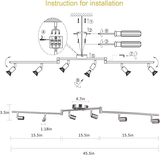 AIBOO 6-Light Adjustable Dimmable Track Lighting Kit, Flexible Foldable Arms,Satin Nickel Kitchen,Hallyway Bed Room Lighting Fixture, GU10 Base Bulbs not Included
