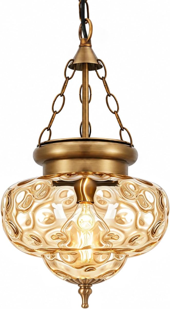 Vintage Brushed Antique Brass Pendant Light for Kitchen Island, Handblown Textured Amber Hammered Glass Hanging Light Fixture, Adjustable Height E26 Pendant Lighting for Dining Room Entryway Hallway