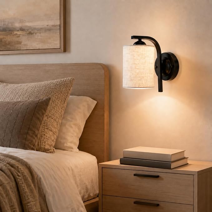 Wall Sconces Lights Lamp for Bedroom Bathroom, Modern Vanity Light Fixtures, Matte Black Farmhouse Wall Mount Lighting Lanterns with Fabric Shade for Living Room Mirror Hallway Kitchen