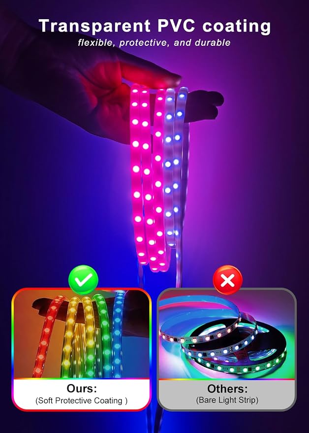 Multi-Color RGB LED Rope Lights 9.84ft 5V USB, Remote & App for Room | Self-adhesive flexible strip, 150+ dynamic effects, TV backlight & room decor, for bedroom/living room/holiday