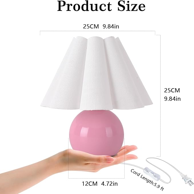 Pink Small Bedside Mini Table Lamp for Bedroom, Cute Bedroom Lamps for Nightstand, Cute Mini Table Lamps for Small Spaces with Scalloped Shade for Kitchen Counter, Bookshelf, Kids Dorm, Home Office