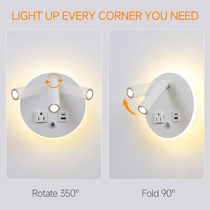 LED Round Wall Lamp Dimming Wall Mounted Reading Lights, Adjustable Headboard Plug in Wall Sconce with USB+USB C Ports, Headboard Bedside Lamp with 6W+3W Night Light 3000K (White)
