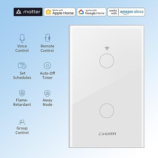 Matter Smart Touch WiFi Light Switch, Glass Panel, Neutral Wire Required, 2.4 GHz, Works with Apple HomeKit, Alexa, Google Home, SmartThings, Remote & Voice Control, Timer/Schedule, 2Gang - 3Pack