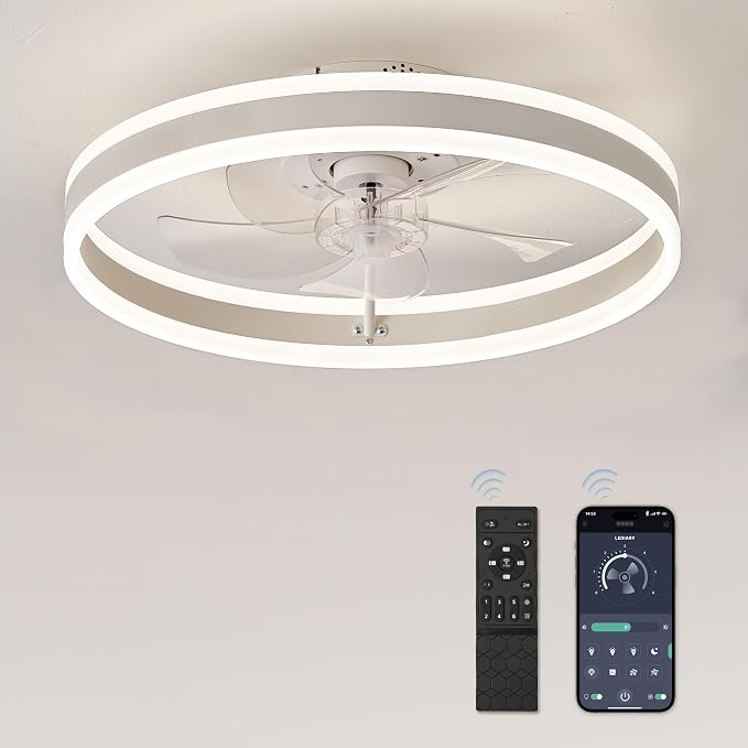 LEDIARY Low Profile Ceiling Fans with Lights, Flush Mount Modern Ceiling Fan and Remote Control, 19.7" LED Ceiling Fans, Stepless Dimmable 3 Colors and 6 Speeds - White