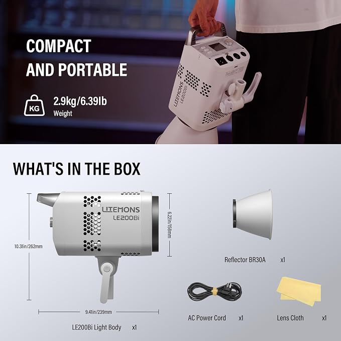 Godox Litemons LE200Bi 220W Bi Color COB LED Video Light Bowens Mount | Professional Studio Continuous Light CRI/TLCI 98+ 57700 Lux@1m APP DMX Control Ultra Quiet Luz Continua Godox